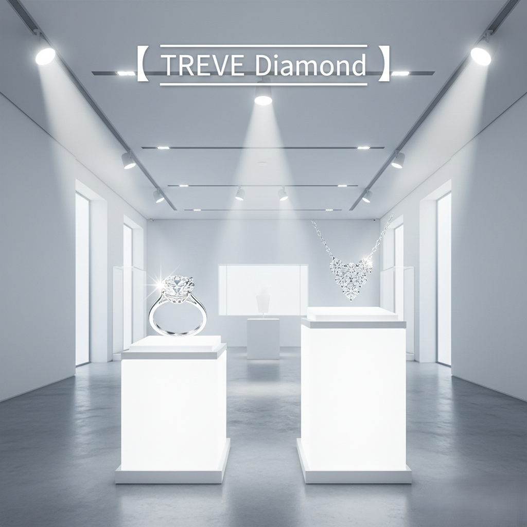 「【TREVE Diamond】」のロゴが天井に配された、美術館のように洗練された純白の鑑定ギャラリー。光り輝く2つの白い展示台があり、左側には大粒のラウンドブリリアントカットが施された一粒ダイヤモンドリングが、右側には無数のダイヤを贅沢に敷き詰めたハート型のパヴェネックレスが、スポットライトを浴びて神々しく輝いている。高松市の宝石買取専門店「TREVE」が、4C（カラット・カラー・クラリティ・カット）の基準に沿って、ダイヤモンドの真の価値を精密に鑑定するイメージ。