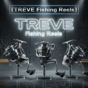 「【TREVE Fishing Reels】」のネオンロゴがクールに輝く、ガレージ風のモダンな査定スタジオ。中央にはダイワの最高峰スピニングリール「EXIST(イグジスト)」を彷彿とさせる、洗練されたシルバーとダークグレーの精巧なリール3台が専用スタンドに展示されている。スポットライトに照らされた機材は水しぶきを纏い、高松市の釣具買取専門店「TREVE」が、過酷なフィールドで愛用された高級リールの回転性能と価値を厳格に鑑定するイメージ。