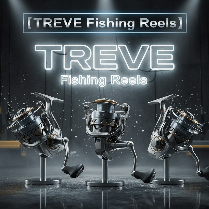 「【TREVE Fishing Reels】」のネオンロゴがクールに輝く、ガレージ風のモダンな査定スタジオ。中央にはダイワの最高峰スピニングリール「EXIST（イグジスト）」を彷彿とさせる、洗練されたシルバーとダークグレーの精巧なリール3台が専用スタンドに展示されている。スポットライトに照らされた機材は水しぶきを纏い、高松市の釣具買取専門店「TREVE」が、過酷なフィールドで愛用された高級リールの回転性能と価値を厳格に鑑定するイメージ。