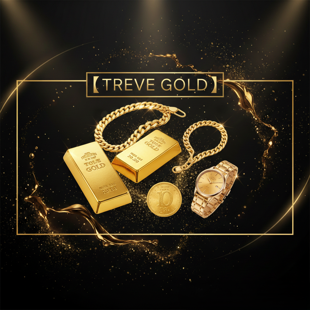 「【TREVE GOLD】」のゴールドロゴが中央に配された、漆黒の背景に金粉と液状の金が舞うラグジュアリーなステージ。中央には2つの重厚なゴールドインゴット、輝く喜平ネックレスとブレスレット、10万円金貨を彷彿とさせるコイン、そして金無垢の高級腕時計が美しく配置されている。高松市の貴金属買取専門店「TREVE」が、刻印の確認や純度測定、重量計測を精密に行い、金の市場相場に基づいた最高水準の価格で鑑定するイメージ。