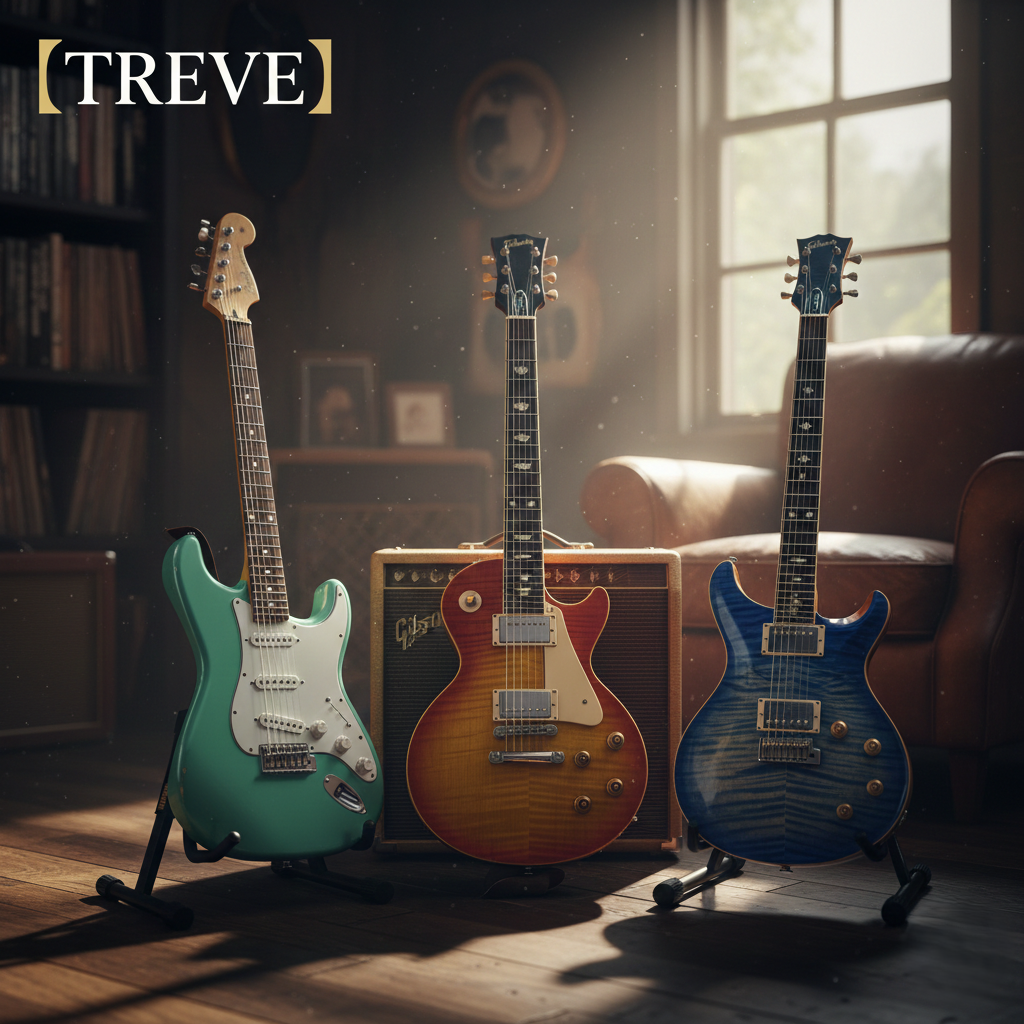 「【TREVE】」のロゴが左上に配された、陽光が差し込むヴィンテージ調の音楽ルーム。中央にはギブソン（Gibson）レスポール、左にはフェンダー（Fender）ストラトキャスター、右にはPRS風のブルーのギターが並び、中央奥には真空管アンプが鎮座している。革張りのソファや書棚が並ぶ落ち着いた空間で、一本ごとの鳴りとコンディションを見極める、高松市の楽器買取専門店「TREVE」の専門査定イメージ。