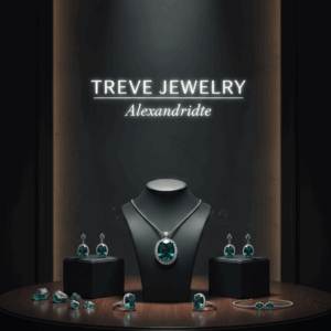 「【TREVE JEWELRY Alexandridte】」のホワイトネオンロゴが背後に浮かび上がる、ラグジュアリーな展示スペース。中央のブラックトルソーには、鮮やかなピーコックグリーンに輝く大粒のアレキサンドライト・ネックレスが飾られている。周囲にはお揃いのピアス、リング、ブレスレット、そして未加工のルース（裸石）が美しく配置され、高松市の宝石買取専門店「TREVE」による、変色効果（カラーチェンジ）を持つ希少石の専門査定イメージ。