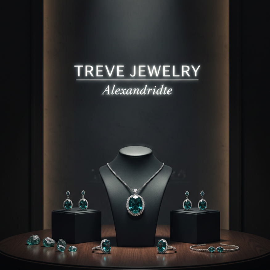 「【TREVE JEWELRY Alexandridte】」のホワイトネオンロゴが背後に浮かび上がる、ラグジュアリーな展示スペース。中央のブラックトルソーには、鮮やかなピーコックグリーンに輝く大粒のアレキサンドライト・ネックレスが飾られている。周囲にはお揃いのピアス、リング、ブレスレット、そして未加工のルース（裸石）が美しく配置され、高松市の宝石買取専門店「TREVE」による、変色効果（カラーチェンジ）を持つ希少石の専門査定イメージ。
