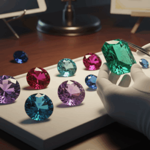 白いトレイの上に並べられた、大粒のエメラルド、ルビー、サファイア、アメジストなどの多種多様な宝石のルース(裸石)。白い手袋をはめた鑑定士がピンセットで鮮やかなグリーンのエメラルドを持ち上げ、光にかざして品質を確認している。背景には査定用のタブレットと書類が置かれた、高松市の宝石買取専門店「TREVE」の精密鑑定シーン。