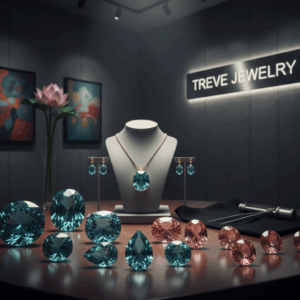 「TREVE JEWELRY」のロゴが輝く洗練されたショールームのデスクに、大粒のアクアマリンやピンクサファイアなどのルース（裸石）が並んでいる。中央のトルソーには、鮮やかなブルーの宝石があしらわれたゴールドネックレスとイヤリングのセットが飾られ、傍らには鑑定用のピンセットが置かれている。高松市の宝石買取専門店「TREVE」による、ハイジュエリーの専門査定イメージ。