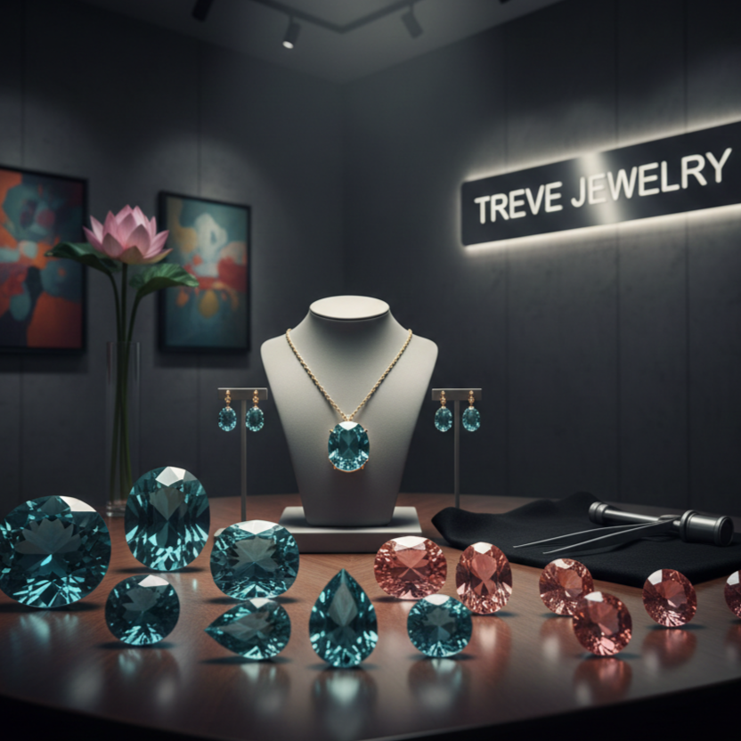 「TREVE JEWELRY」のロゴが輝く洗練されたショールームのデスクに、大粒のアクアマリンやピンクサファイアなどのルース（裸石）が並んでいる。中央のトルソーには、鮮やかなブルーの宝石があしらわれたゴールドネックレスとイヤリングのセットが飾られ、傍らには鑑定用のピンセットが置かれている。高松市の宝石買取専門店「TREVE」による、ハイジュエリーの専門査定イメージ。
