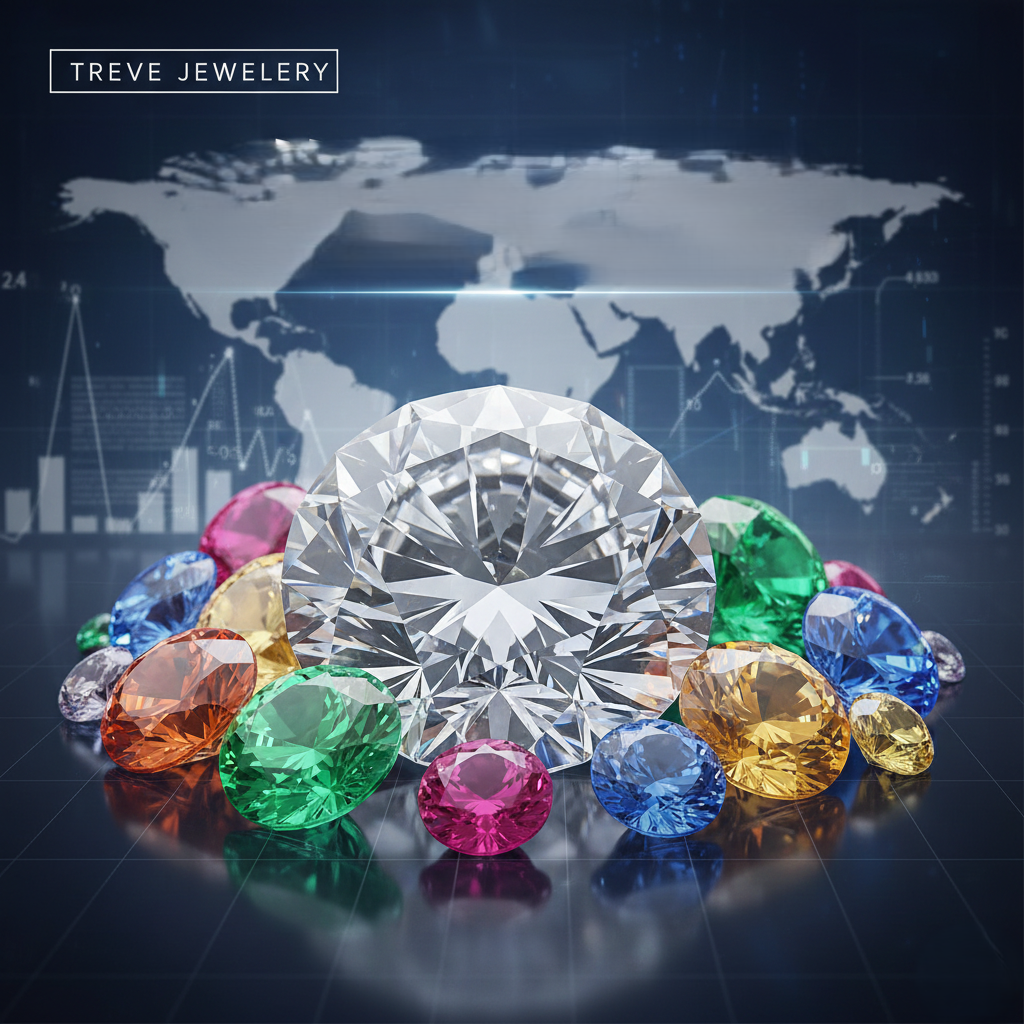 「TREVE JEWELERY」のロゴが左上に配された、近未来的なデジタル背景。中央には圧倒的な輝きを放つ大粒のブリリアントカット・ダイヤモンドが鎮座し、その周囲をルビー、エメラルド、サファイアなどの色鮮やかな宝石が円状に囲んでいる。背景には世界地図と上昇する市場株価チャートが重なり、グローバルな資産価値を象徴する、高松市の宝石買取専門店「TREVE」のイメージ。