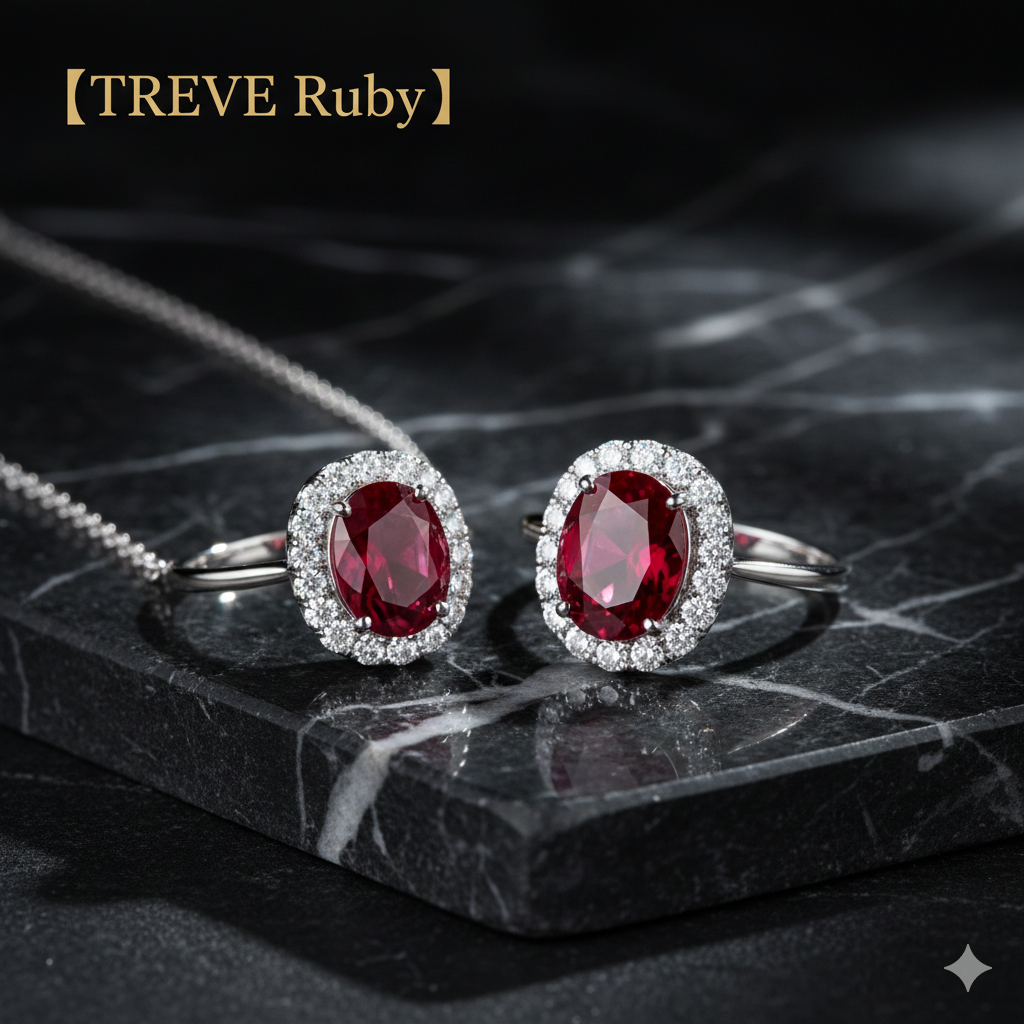 「【TREVE Ruby】」のロゴが左上に配された、重厚な黒大理石のステージ。中央には、深く鮮やかな赤色のオーバルカット・ルビーを主役に、周囲を煌びやかなメレダイヤモンドで豪華に取り巻いたプラチナベースのリングが2点並んでいる。背景には繊細なシルバーチェーンが流れ、高松市の宝石買取専門店「TREVE」による、カラーストーンの色彩と輝きを正当に評価する査定イメージ。