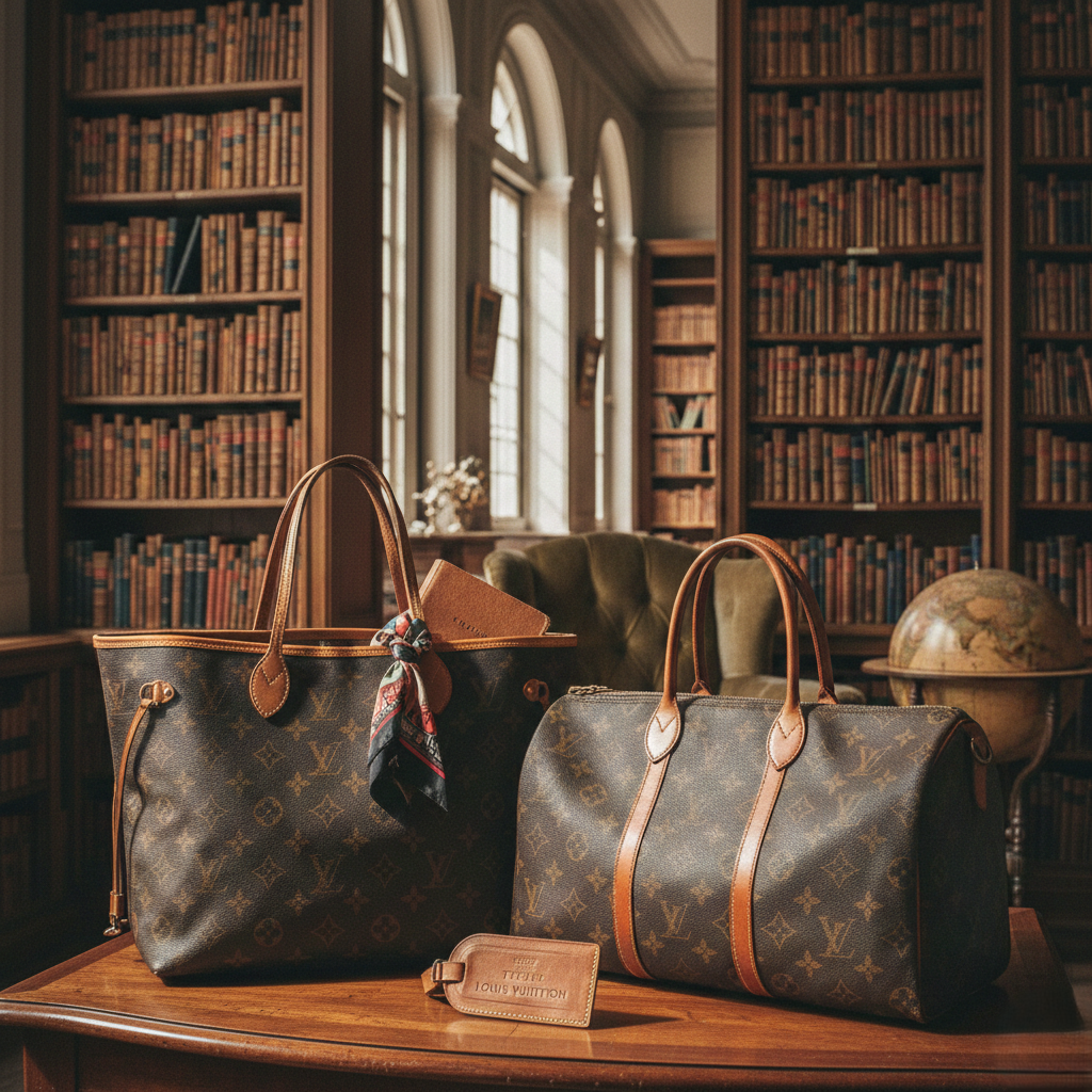 重厚な本棚が並ぶクラシックな図書室のような空間で、木製デスクに置かれたルイ・ヴィトン（LOUIS VUITTON）のモノグラム・バッグ2種。左にはスカーフを巻いたトートバッグの「ネヴァーフル」、右にはボストンバッグの「スピーディ」が配置され、手前には刻印入りのレザーネームタグが置かれている。高松市のブランド買取専門店「TREVE」による、伝統的な価値を再定義する査定シーン。