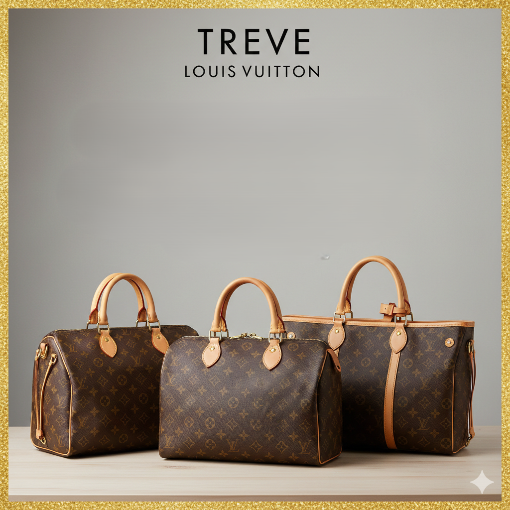 金枠のフレームに縁取られたスタイリッシュな空間に、「TREVE LOUIS VUITTON」のロゴが掲示されている。明るい色のウッドテーブルの上には、ルイ・ヴィトンのモノグラム・キャンバスを使用した「スピーディ」2サイズと、収納力に優れた「ネヴァーフル」が美しく並び、ヌメ革のコンディションまで鮮明に映し出されている。高松市のブランド買取専門店「TREVE」による、バレンタインシーズンの華やかなブランド査定イメージ。