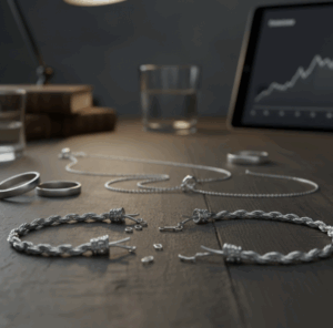 落ち着いた照明の木製デスクに、引き輪が外れてバラバラになったプラチナのスクリューネックレスと、歪んだプラチナリングが数点置かれている画像。奥には最新の価格チャートが表示されたタブレットと、温かみのあるデスクライト、グラスが配置され、高松市の貴金属買取専門店「TREVE」が壊れた宝飾品を丁寧に鑑定する様子を表現している。