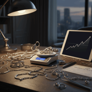 夜の都会のビル群を望む窓際のデスクに、プラチナ製の喜平ネックレスやリング、ブレスレットが広げられている画像。中央のデジタル精密秤にはプラチナリングが載せられ、傍らには上昇傾向の相場グラフが表示されたタブレットと「PLATINUM APPRAISAL」の鑑定書類が置かれている。高松市の貴金属買取専門店「TREVE」の夜間査定をイメージした一枚。