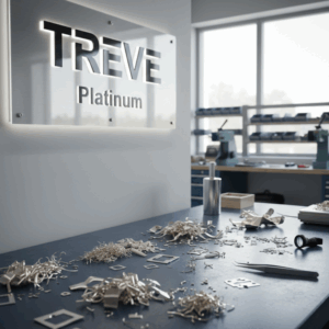 夜景が見える洗練された査定デスクに、プラチナ（Pt900/Pt850）の喜平ネックレス、リング、ブレスレットが美しく配置されている。中央のデジタル精密秤にはプラチナ製品が載せられ、傍らには「PLATINUM APPRAISAL」の鑑定書と、右肩上がりの相場グラフが表示されたタブレット、鑑定用ルーペが置かれている。高松市の貴金属買取専門店「TREVE」による、最新相場に基づいた真贋鑑定シーン。