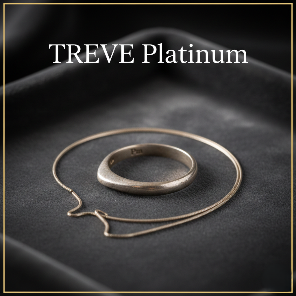「TREVE Platinum」のロゴが上部に配された、高級感のある黒いベルベットケースの中に収められたプラチナ製品。中央には内側に「Pt」の刻印が見えるシンプルなプラチナリング、その周りを細身のプラチナチェーンネックレスが円を描くように配置されている。高松市の貴金属買取専門店「TREVE」による、プラチナ特有の白い輝きを強調した専門査定イメージ。