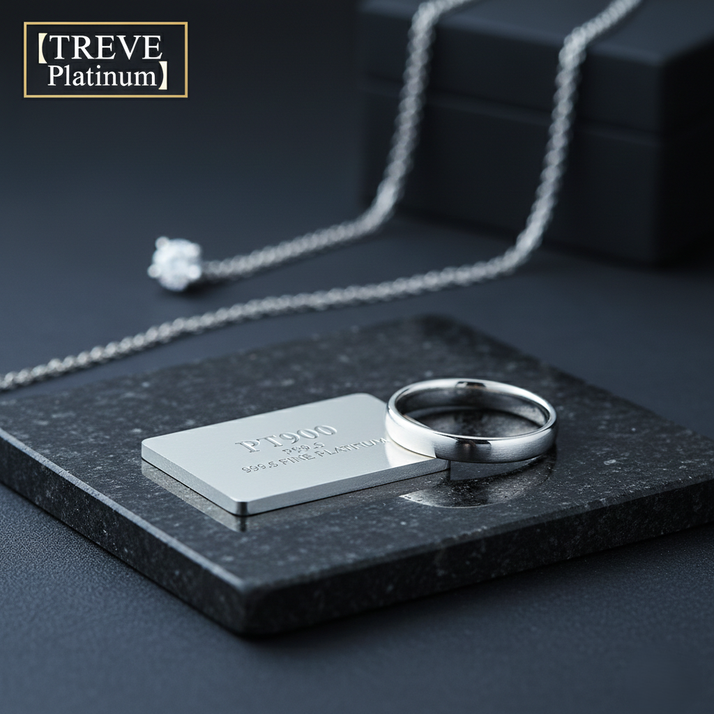 「【TREVE Platinum】」のロゴが左上に配置された、シックな黒背景の査定デスク。手前の黒御影石のプレート上には、「PT900 999.5 FINE PLATINUM」と刻印されたプラチナプレートと、滑らかな光沢のプラチナリングが置かれている。奥には一粒ダイヤモンドのプラチナネックレスが美しくレイアウトされ、高松市のプラチナ買取専門店「TREVE」による精密な鑑定をイメージしている。