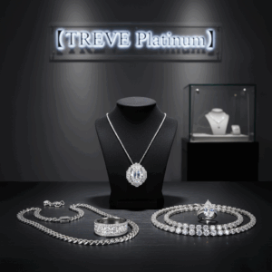 「【TREVE Platinum】」のネオンロゴが背後に輝く、洗練された黒の査定カウンター。中央のトルソーには大粒のダイヤモンドが煌めくプラチナネックレスが飾られ、手前には重厚な喜平ブレスレット、ダイヤモンドを敷き詰めたパヴェリング、テニスネックレスが美しく整列している。高松市のブランド買取専門店「TREVE」による、ハイエンドなプラチナ製品の価値を最大限に評価する専門査定イメージ。