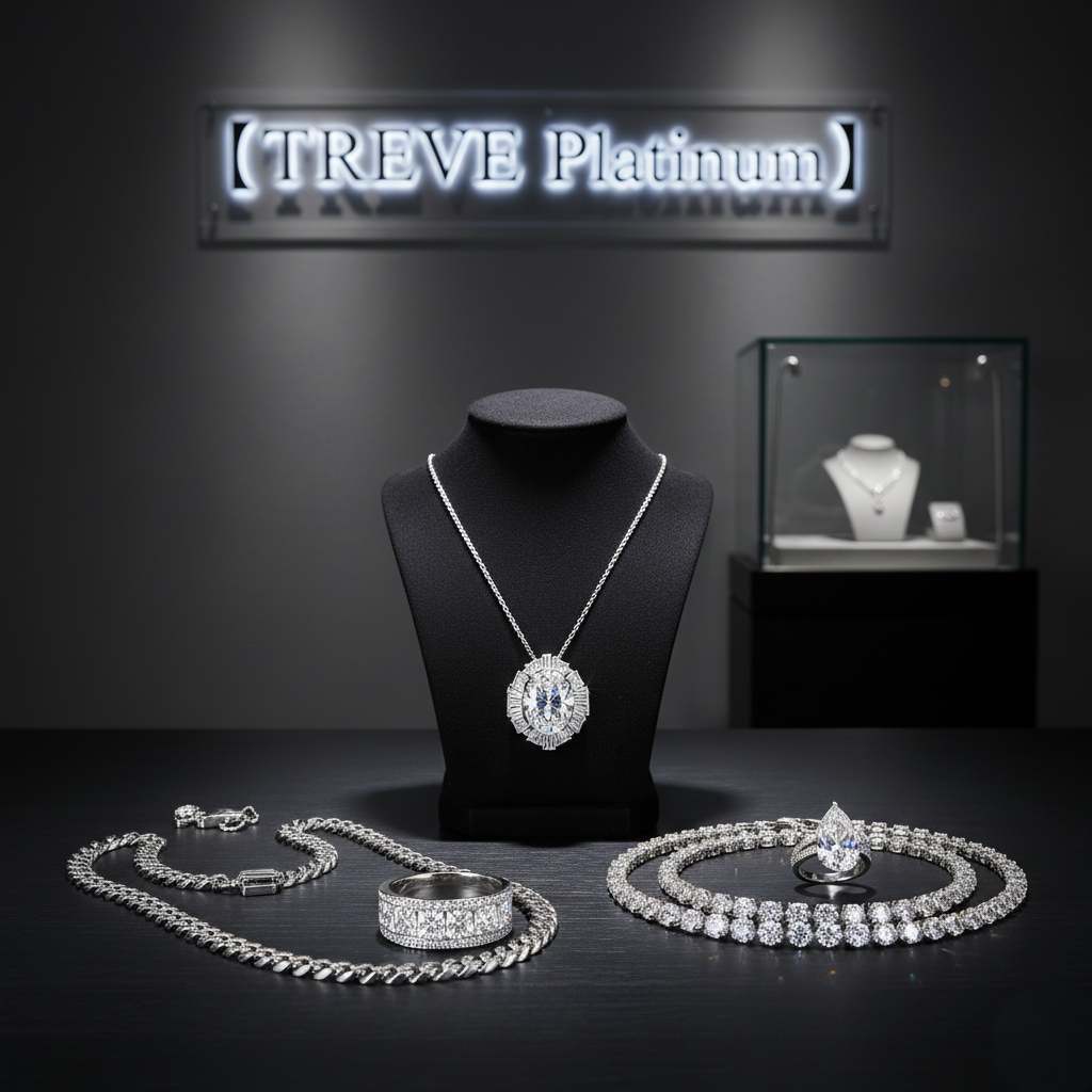 「【TREVE Platinum】」のネオンロゴが背後に輝く、洗練された黒の査定カウンター。中央のトルソーには大粒のダイヤモンドが煌めくプラチナネックレスが飾られ、手前には重厚な喜平ブレスレット、ダイヤモンドを敷き詰めたパヴェリング、テニスネックレスが美しく整列している。高松市のブランド買取専門店「TREVE」による、ハイエンドなプラチナ製品の価値を最大限に評価する専門査定イメージ。