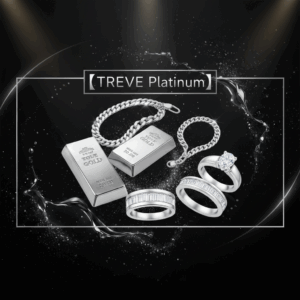 「【TREVE Platinum】」のシルバーロゴが中央に配された、漆黒の背景に銀の粉と液体プラチナが舞うラグジュアリーなステージ。中央には2つの重厚なプラチナインゴット、輝くプラチナ製の喜平ネックレスとブレスレット、そして大粒のダイヤモンドがセットされたプラチナリング3点が美しく配置されている。高松市の貴金属買取専門店「TREVE」が、刻印の確認や比重測定を行い、プラチナの市場相場に基づいた最高水準の価格で鑑定するイメージ。