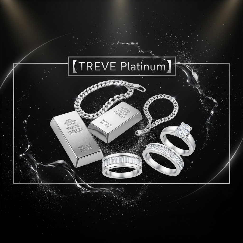 「【TREVE Platinum】」のシルバーロゴが中央に配された、漆黒の背景に銀の粉と液体プラチナが舞うラグジュアリーなステージ。中央には2つの重厚なプラチナインゴット、輝くプラチナ製の喜平ネックレスとブレスレット、そして大粒のダイヤモンドがセットされたプラチナリング3点が美しく配置されている。高松市の貴金属買取専門店「TREVE」が、刻印の確認や比重測定を行い、プラチナの市場相場に基づいた最高水準の価格で鑑定するイメージ。