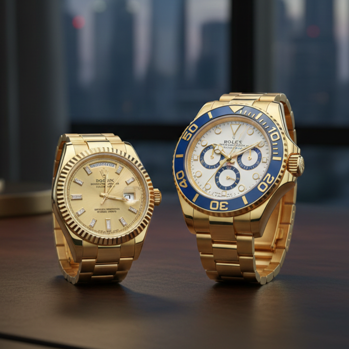 都会の夜景を背景にしたデスクに並ぶ2本の金無垢ロレックス（ROLEX）。左側にはダイヤモンドがインデックスにあしらわれた「デイデイト」、右側には青いベゼルが特徴的な「ヨットマスターII」のゴールドモデルが配置されている。高松市の高級時計買取専門店「TREVE」による、ステータス性の高いタイムピースの査定イメージ。