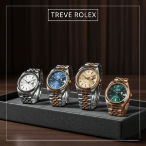 「TREVE ROLEX」のロゴが上部に配された、重厚感のあるダークウッドのデスク。グレーのレザー製ウォッチトレイの上には、シルバー、コンビ(青文字盤・金文字盤)、ローズゴールド(緑文字盤)の4本のロレックス(ROLEX)デイトジャストが美しく並べられている。高松市の時計買取専門店「TREVE」による、細部まで磨き上げられた高級腕時計の専門査定イメージ。
