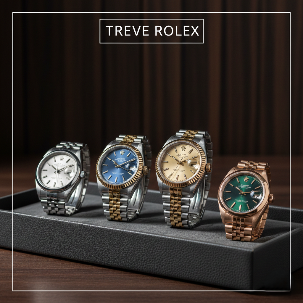「TREVE ROLEX」のロゴが上部に配された、重厚感のあるダークウッドのデスク。グレーのレザー製ウォッチトレイの上には、シルバー、コンビ（青文字盤・金文字盤）、ローズゴールド（緑文字盤）の4本のロレックス（ROLEX）デイトジャストが美しく並べられている。高松市の時計買取専門店「TREVE」による、細部まで磨き上げられた高級腕時計の専門査定イメージ。