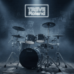 「【TREVE Roland】」のホワイトネオンロゴが背後のレンガ壁に浮かび上がる、スモークとスポットライトに包まれたライブステージのような査定スタジオ。中央にはローランドの本格的な電子ドラムセット(V-Drums)が設置され、バスドラム、スネア、タム、シンバル、ハイハットがプロ仕様のセッティングで並んでいる。木製フロアにはドラムスティックが置かれ、高松市の楽器買取専門店「TREVE」が、電子楽器の音源モジュールの動作やパッドの感度を精密に鑑定するイメージ。