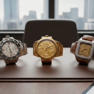 高層ビル群を望むオフィスデスクに並べられた3本の高級腕時計。左には使い込まれた風合いのロレックス(ROLEX)サブマリーナー風モデル、中央には金無垢のクロノグラフ、右にはレザーベルトのカルティエ(Cartier)サントス風モデルが配置されている。高松市の時計買取専門店「TREVE」による、歴史ある名機の価値を見極める査定シーン。
