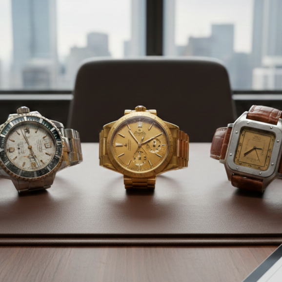 高層ビル群を望むオフィスデスクに並べられた3本の高級腕時計。左には使い込まれた風合いのロレックス（ROLEX）サブマリーナー風モデル、中央には金無垢のクロノグラフ、右にはレザーベルトのカルティエ（Cartier）サントス風モデルが配置されている。高松市の時計買取専門店「TREVE」による、歴史ある名機の価値を見極める査定シーン。