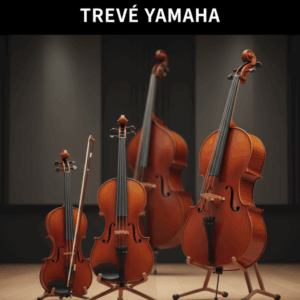 「TREVÉ YAMAHA」のロゴが掲げられたモダンなスタジオに並ぶ、ヤマハ（YAMAHA）製の弦楽器コレクション。手前には弓が添えられたバイオリン、中央にはビオラ、そして奥にはチェロとコントラバスが、それぞれ専用のウッドスタンドに美しくディスプレイされている。高松市の楽器買取専門店「TREVE」による、木目の美しさと魂が宿る楽器の査定イメージ。