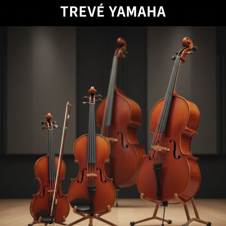 「TREVÉ YAMAHA」のロゴが掲げられたモダンなスタジオに並ぶ、ヤマハ（YAMAHA）製の弦楽器コレクション。手前には弓が添えられたバイオリン、中央にはビオラ、そして奥にはチェロとコントラバスが、それぞれ専用のウッドスタンドに美しくディスプレイされている。高松市の楽器買取専門店「TREVE」による、木目の美しさと魂が宿る楽器の査定イメージ。