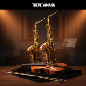 「TREVE YAMAHA」のロゴが上部に配された、暖色系のライティングが美しい音楽スタジオ。手前の黒いベルベットの上には弓が添えられたバイオリンが横たわり、その背後には黄金色に輝く2本のアルトサックスが凛として立っている。高松市の楽器買取専門店「TREVE」による、管楽器と弦楽器の繊細なコンディションを見極める専門査定イメージ。