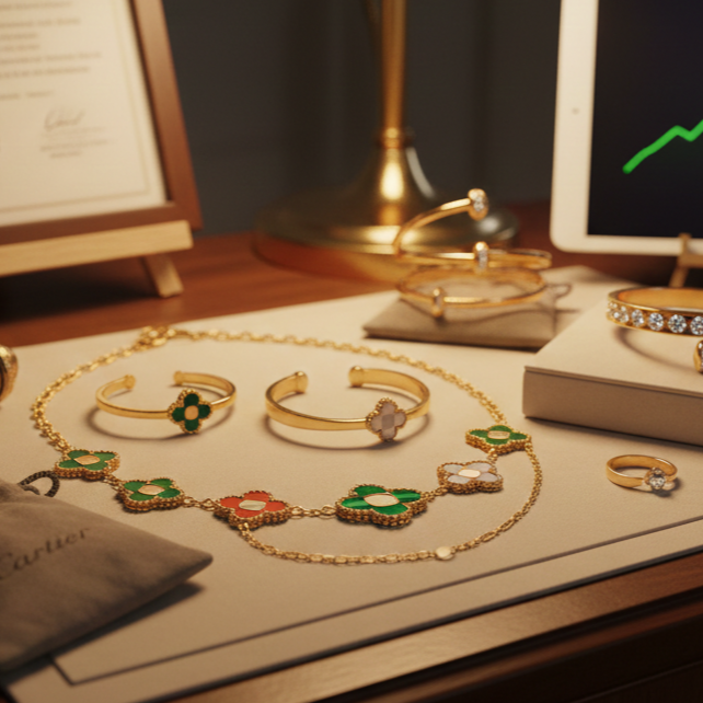 上品な査定デスクに並べられた高級ブランドジュエリー。手前にはヴァンクリーフ＆アーペル（Van Cleef & Arpels）風のアルハンブラ・ネックレスとバングル、奥にはカルティエ（Cartier）のジュストアンクル風ブレスレットやラブリングが配置されている。背景には相場チャートを表示したタブレットと鑑定関連の書類があり、高松市のブランド買取専門店「TREVE」の精密な査定風景を表現している。