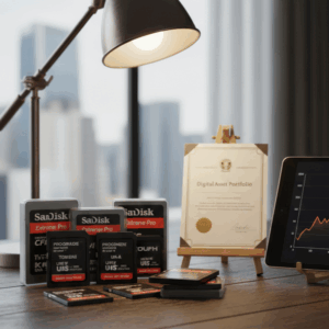 「Digital Asset Portfolio」の証明書が立てられたデスクに、サンディスク（SanDisk）の「Extreme Pro」シリーズを中心とした多数のSDカードやCFexpressカードが並んでいる画像。右側には上昇する相場グラフが表示されたタブレットがあり、背景の窓からは都会のビル群が見える。高松市のカメラ機材・メディア買取専門店「TREVE」の査定イメージ。