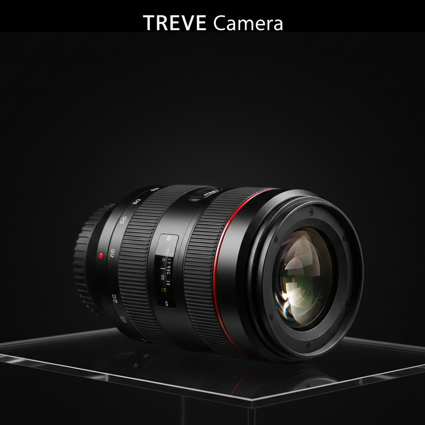 漆黒の背景に浮かび上がる「TREVE Camera」の白いロゴ。透明なアクリルキューブの展示台の上には、キヤノン（Canon）の最高峰「Lレンズ」を彷彿とさせる赤いラインが特徴的な、大口径のズームレンズが鎮座している。レンズの重厚な質感と精密な光学設計を強調する、プロフェッショナルなライティングによるカメラ機材の査定イメージ。