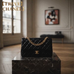「【TREVE】CHANEL」のゴールドロゴが左上に浮かび上がる、洗練されたアパルトマン風の室内。大理石の台の上に、シャネル（CHANEL）の黒いラムスキン・マトラッセが、ゴールドのチェーンストラップを輝かせて鎮座している。背景の柔らかな自然光とアートが高級感を演出し、高松市のブランド買取専門店「TREVE」による、時代を超えて愛される逸品の専門査定イメージ。