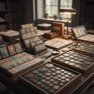 クラシックな木製デスクの上に、整理された古切手のストックブックと、木製トレイに収められた多数のアンティークコインや古銭が並んでいる画像。中央には鑑定用のルーペとピンセットが置かれ、真鍮のデスクライトがコレクションを照らしている。背景には書棚があり、高松市の収集品買取専門店「TREVE」の精密な鑑定風景を表現している。