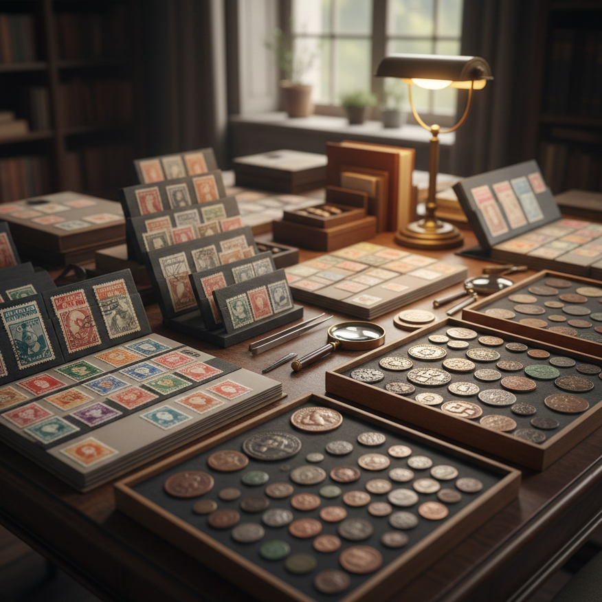 クラシックな木製デスクの上に、整理された古切手のストックブックと、木製トレイに収められた多数のアンティークコインや古銭が並んでいる画像。中央には鑑定用のルーペとピンセットが置かれ、真鍮のデスクライトがコレクションを照らしている。背景には書棚があり、高松市の収集品買取専門店「TREVE」の精密な鑑定風景を表現している。
