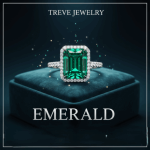 「TREVE JEWELRY」のロゴが上部に配された、深いエメラルドグリーンのベルベット製ジュエリーケース。その上には、鮮やかで深い緑色のエメラルドを中央に配し、周囲を煌びやかなダイヤモンドで豪華に取り巻いたプラチナベースのリングが鎮座している。エメラルドの透明感と周囲の輝きを強調した、高松市の宝石買取専門店「TREVE」によるハイジュエリー査定イメージ。