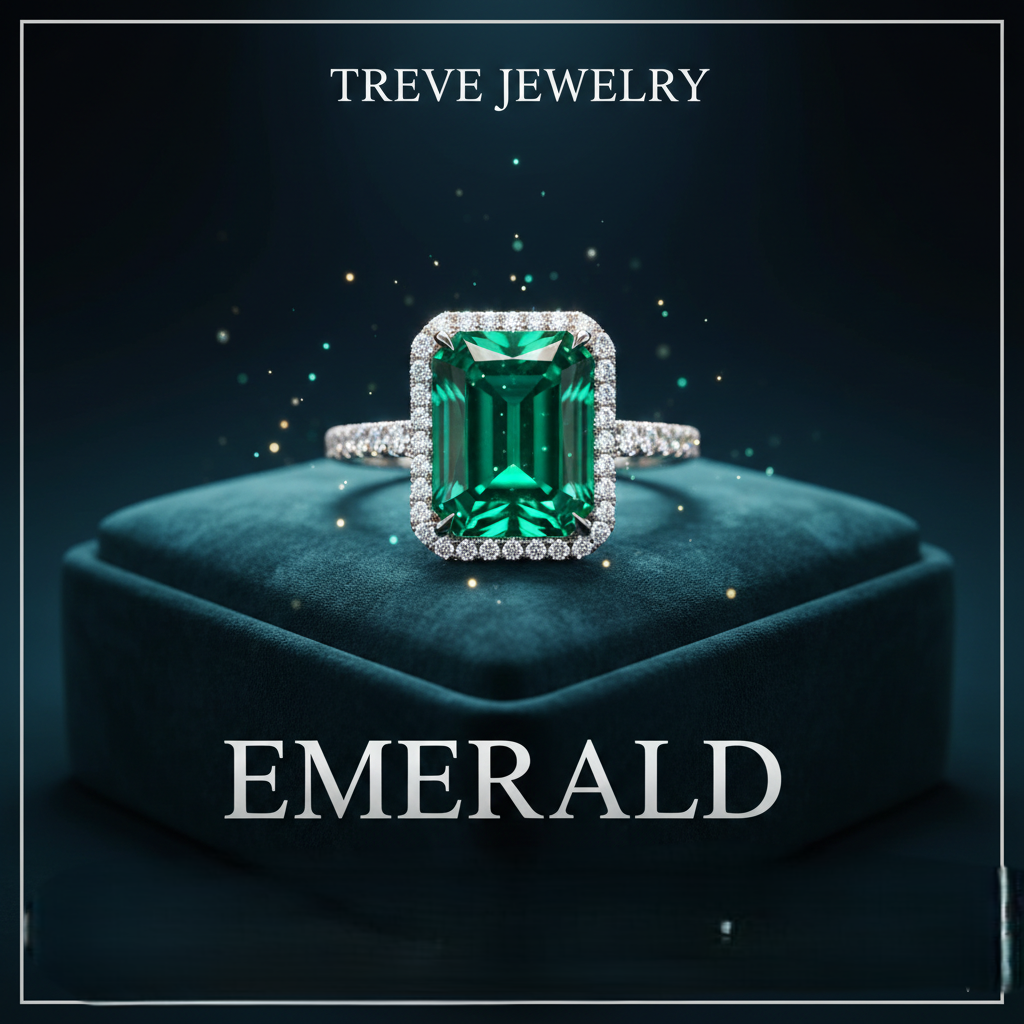 「TREVE JEWELRY」のロゴが上部に配された、深いエメラルドグリーンのベルベット製ジュエリーケース。その上には、鮮やかで深い緑色のエメラルドを中央に配し、周囲を煌びやかなダイヤモンドで豪華に取り巻いたプラチナベースのリングが鎮座している。エメラルドの透明感と周囲の輝きを強調した、高松市の宝石買取専門店「TREVE」によるハイジュエリー査定イメージ。