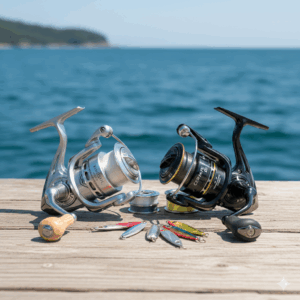 穏やかな瀬戸内海をバックに、ウッドデッキに置かれた2台の高級スピニングリール。左にはシマノ（SHIMANO）の「VANQUISH」、右にはダイワ（DAIWA）の「CERTATE」の最新モデルが並び、手前にはメタルジグ数点と予備スプールが配置されている。高松市の釣具買取専門店「TREVE」による、プロ仕様タックルの査定イメージ。