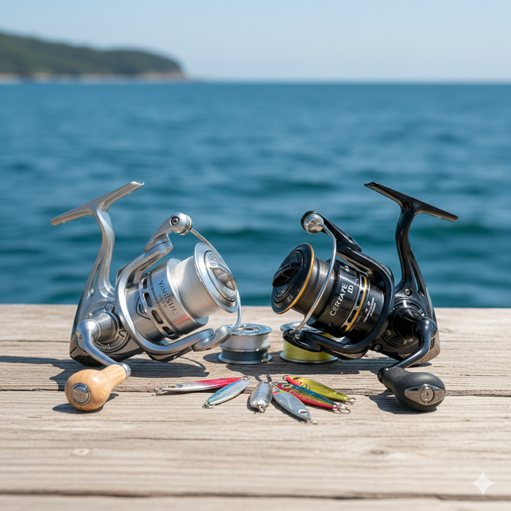 穏やかな瀬戸内海をバックに、ウッドデッキに置かれた2台の高級スピニングリール。左にはシマノ（SHIMANO）の「VANQUISH」、右にはダイワ（DAIWA）の「CERTATE」の最新モデルが並び、手前にはメタルジグ数点と予備スプールが配置されている。高松市の釣具買取専門店「TREVE」による、プロ仕様タックルの査定イメージ。
