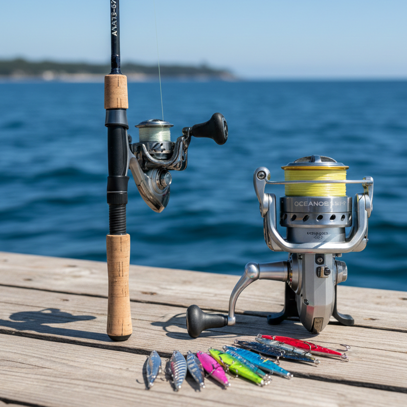 青く澄んだ瀬戸内海を背景に、ウッドデッキに置かれた本格的なフィッシングタックル。コルクグリップのルアーロッドに装着されたスピニングリールと、傍らに置かれた大型のスピニングリール、そして手前には色鮮やかなメタルジグが扇状に並べられている。高松市の釣具買取専門店「TREVE」による、プロ仕様機材の査定イメージ。