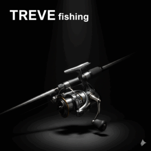 漆黒の背景にスポットライトが当たり、浮かび上がる「TREVE fishing」のロゴ。中央にはカーボン製のロッドに装着された、金属の光沢が美しいハイエンドなスピニングリールが配置されている。精密な造形美を強調したライティングで、高松市の釣具買取専門店「TREVE」によるプロ仕様タックルの鑑定をイメージした一枚。