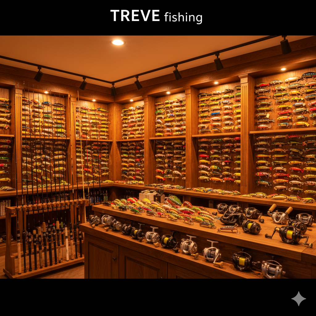 「TREVE fishing」のロゴが掲げられた、木の温もり溢れる壮観な釣具専用ルーム。壁一面のウッドラックには数百個に及ぶ色とりどりのルアーが整然とディスプレイされ、手前のカウンターにはシマノやダイワ等のベイトリール、左側にはロッドスタンドに立てられた釣竿が並んでいる。高松市の釣具買取専門店「TREVE」による、コレクター遺品や大量機材の専門査定イメージ。