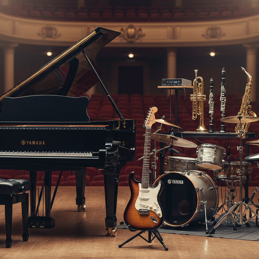 荘厳な劇場のステージ上に配置された多彩な楽器。左側にはヤマハ（YAMAHA）の黒いグランドピアノ、中央にはフェンダー風のエレキギター、右側にはドラムセットとサックス、トランペット、クラリネットなどの管楽器が並んでいる。スポットライトが楽器を照らし、背後には赤い客席が広がる、高松市の楽器買取専門店「TREVE」の総合査定イメージ。