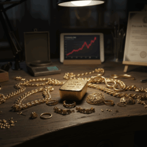 落ち着いた照明の木製デスクに、純金（Fine Gold 999.9）のインゴット、太い喜平ネックレス、指輪、金歯などが所狭しと並べられている。背景にはデジタル精密秤と、右肩上がりの金相場チャートが表示されたタブレットが置かれ、高松市の金買取専門店「TREVE」による本格的な資産鑑定シーンを表現している。