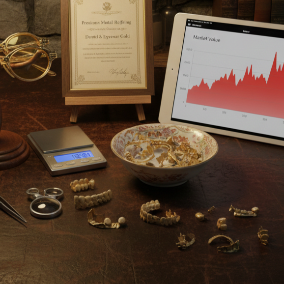 ヴィンテージな風合いの革張りのデスクに、取り外された金歯や歯科用貴金属のパーツが並んでいる画像。中央には金の欠片が入った小鉢、左にはデジタル秤とルーペ、奥には「Precious Metal Refining」の証明書と赤く上昇する金相場チャートが表示されたタブレットが置かれている。高松市の金買取専門店「TREVE」による、微細な貴金属の鑑定シーン。