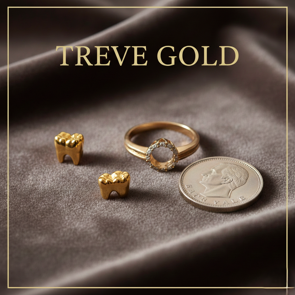 「TREVE GOLD」のロゴが上部に配された、高級感のあるグレーのベルベット生地の上に並ぶ貴金属。中央には小粒のダイヤモンドがあしらわれたゴールドリング、左側には2つの金歯、右側にはヴィンテージの金貨が配置されている。高松市の金買取専門店「TREVE」による、形状を問わない貴金属の専門査定イメージ。