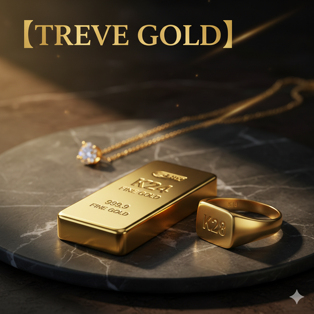 「【TREVE GOLD】」のロゴが上部に配された、高級感のある大理石のトレイ。中央には「K24 FINE GOLD 999.9」と刻印された純金のインゴット、右側には「K18」の刻印が見える重厚なゴールドリング、奥には一粒ダイヤモンドが輝くゴールドネックレスが配置されている。高松市の金買取専門店「TREVE」による、インゴットからジュエリーまで幅広く扱う専門査定イメージ。
